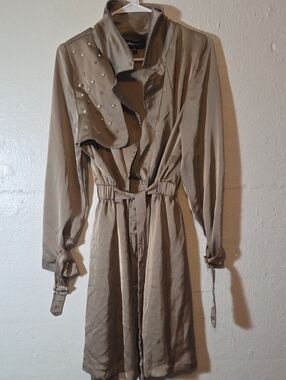 Alice Blue Taupe Trench Coat with Stud Embellished Shoulder Womens Large Silky